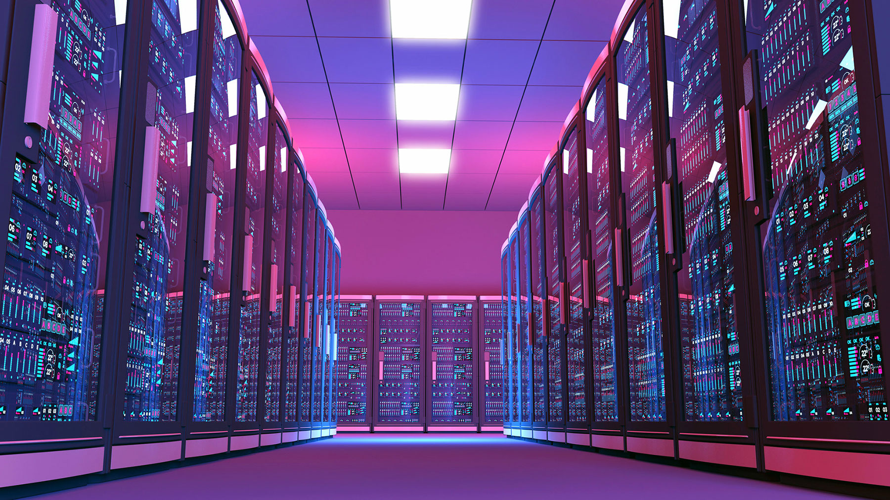 Futuristic data center room, aisle surrounded by rows of servers - LDA